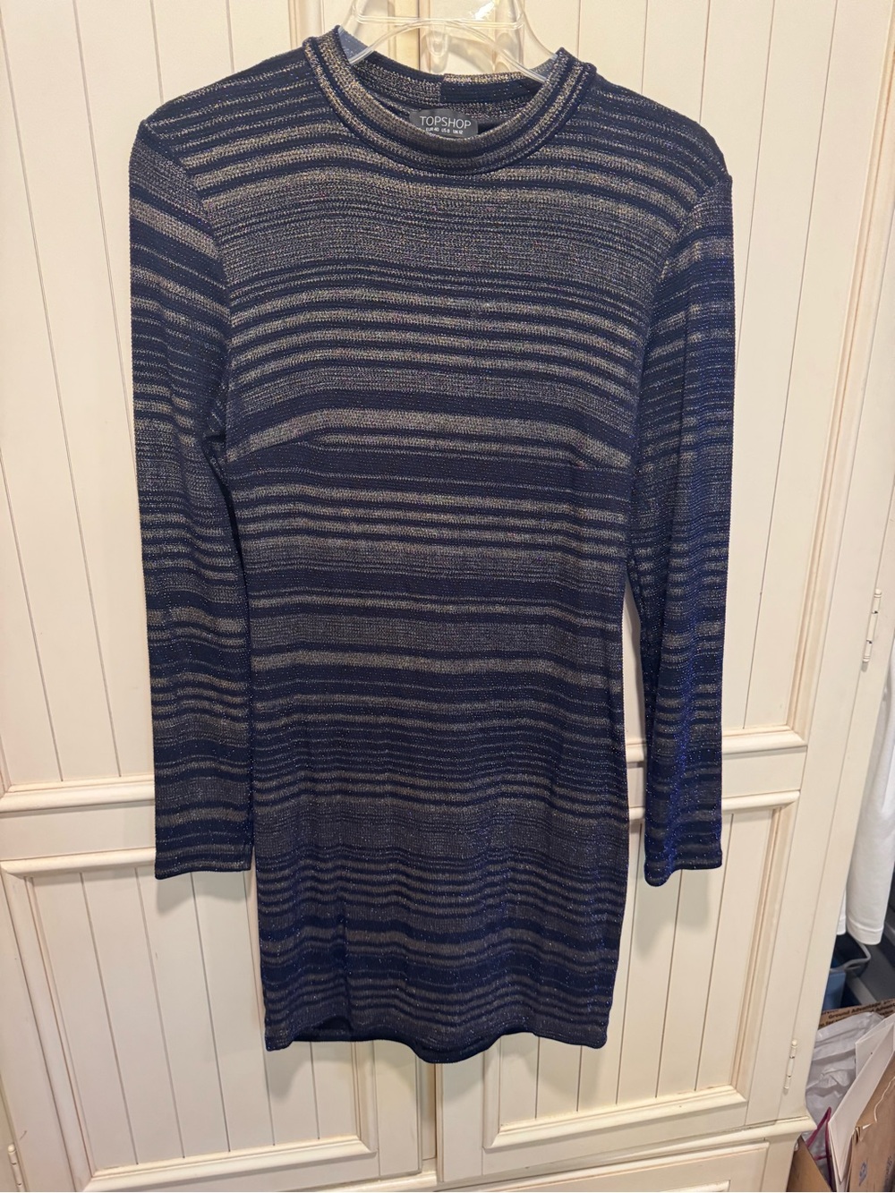 TOPSHOP Metallic Navy & Gold Striped Long Sleeve Dress